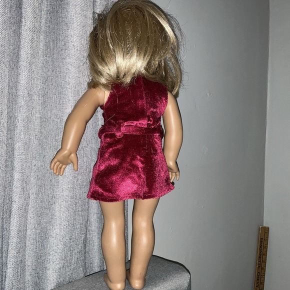 american girl red velvet christmas dress American Girl Doll Short Blonde Bob Blue Eyes In Velvet Julie Christmas  Dress